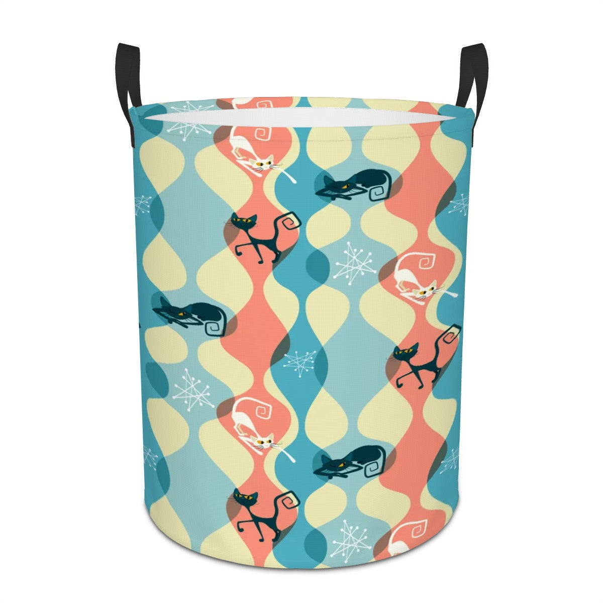 Retro 50s Atomic Cats Kitschy Groovy Multicolor Mid Century Modern Round Laundry Hamper