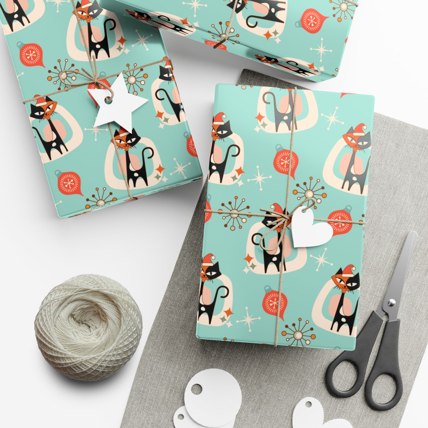 Retro 50's Atomic Cat & Starbursts Kitschy Christmas Mid Century Modern Blue Eco-Friendly Wrapping Paper