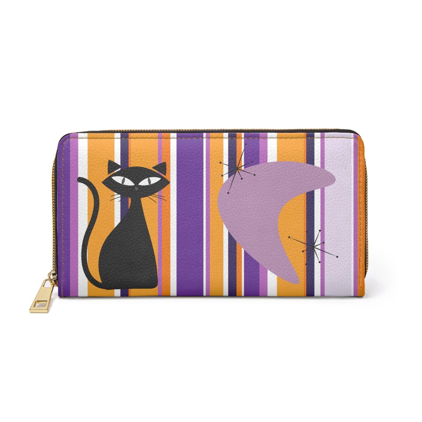 Retro 50s Atomic Cat, Boomerang & Starbursts MCM Purple, Orange, Black Zipper Wallet | lovevisionkarma.com