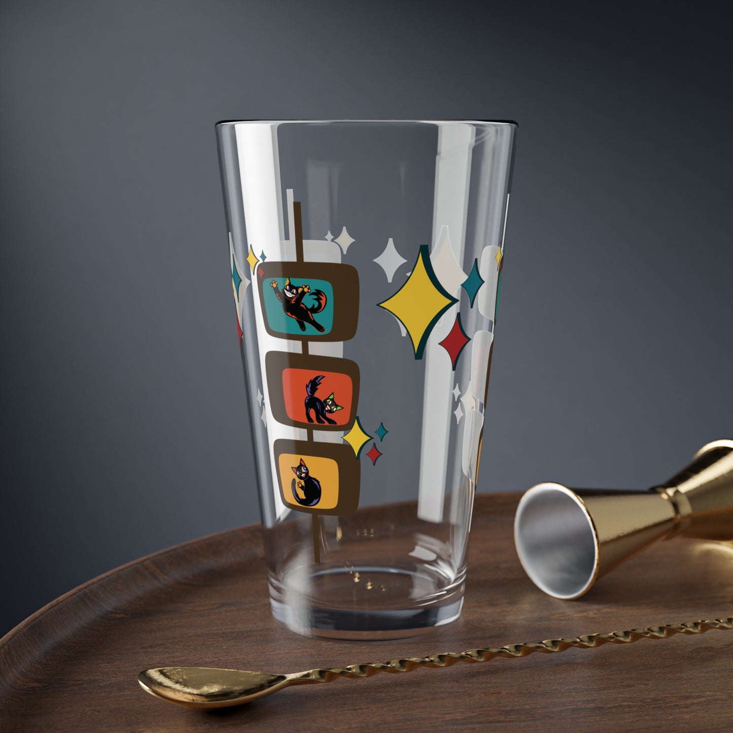 Retro 50s 60s Kitschy Atomic Cats Mid Century Modern Multicolor Pint Glass