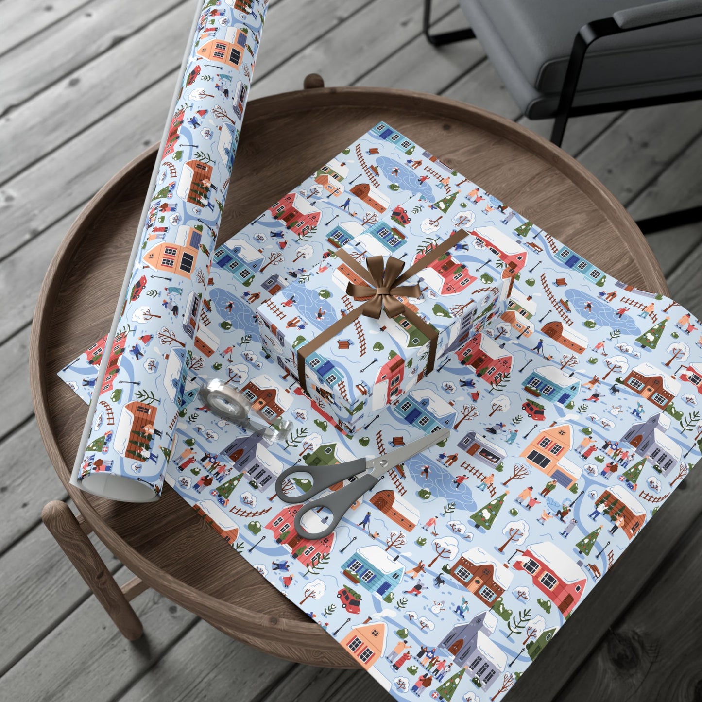 Small Town Christmas Village, Retro Vintage Winter Scene, Multicolor Eco-Friendly Gift Wrap