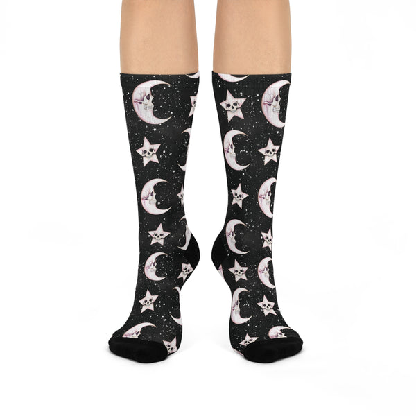 Goth Christmas Celestial Moon & Stars, Whimsical Kawaii Creepmas Black Cushioned Crew Socks