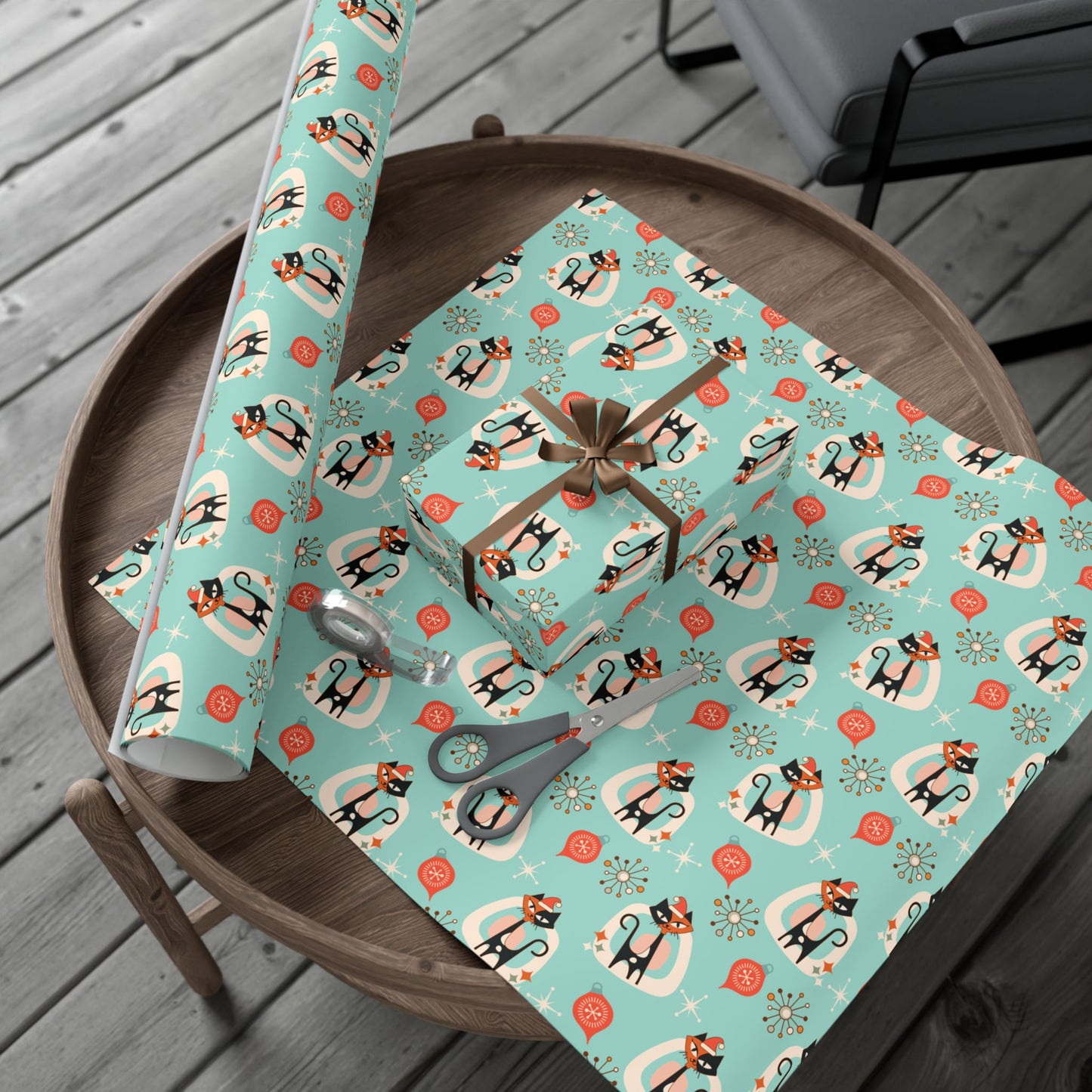 Retro 50's Atomic Cat & Starbursts Kitschy Christmas Mid Century Modern Blue Eco-Friendly Wrapping Paper