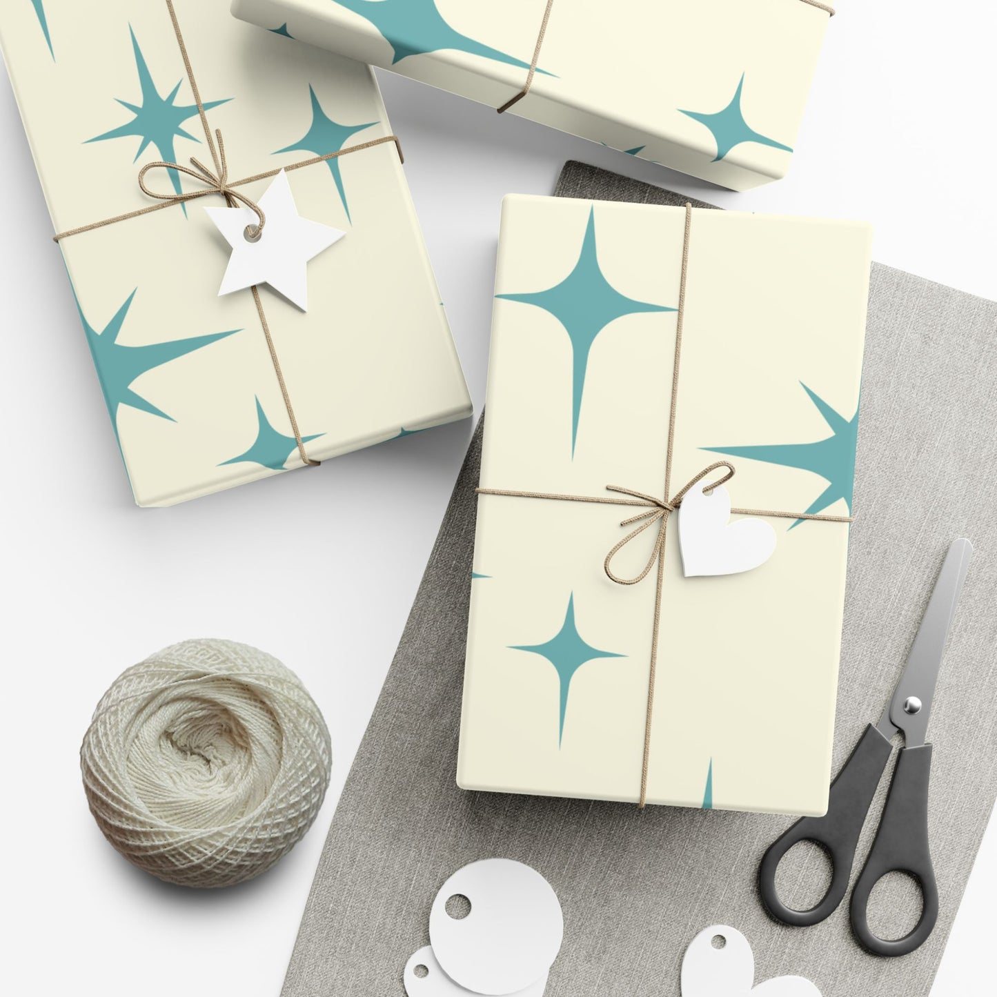 Large Starburst Version of Retro Atomic Starburst MCM Off-White & Blue Gift Wrapping Paper
