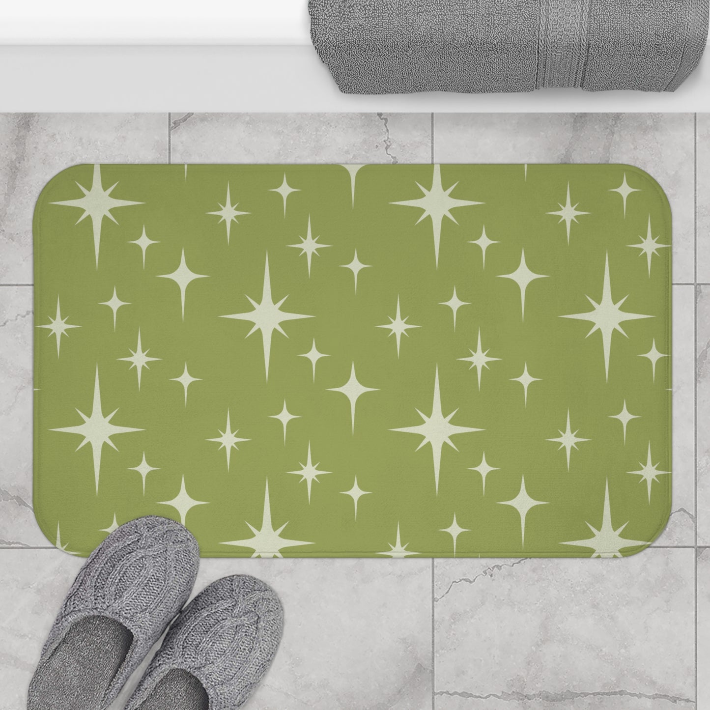 Retro Atomic Starburst 1950s Mid Century Chartreuse Green Bath Mat