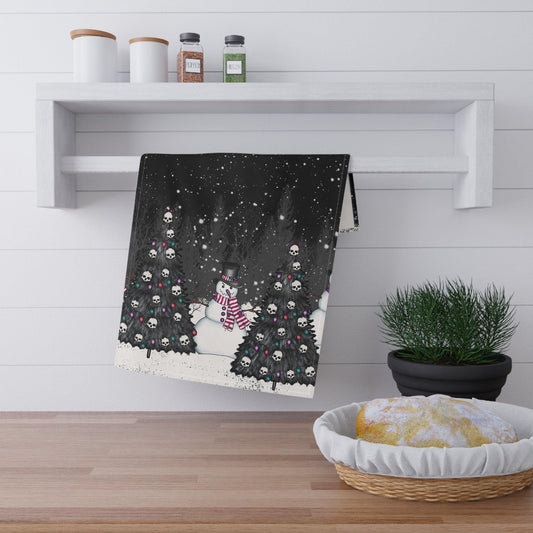 Creepy Snowman Goth Christmas Tree Farm, Black Kitchen Tea Towel | lovevisionkarma.com