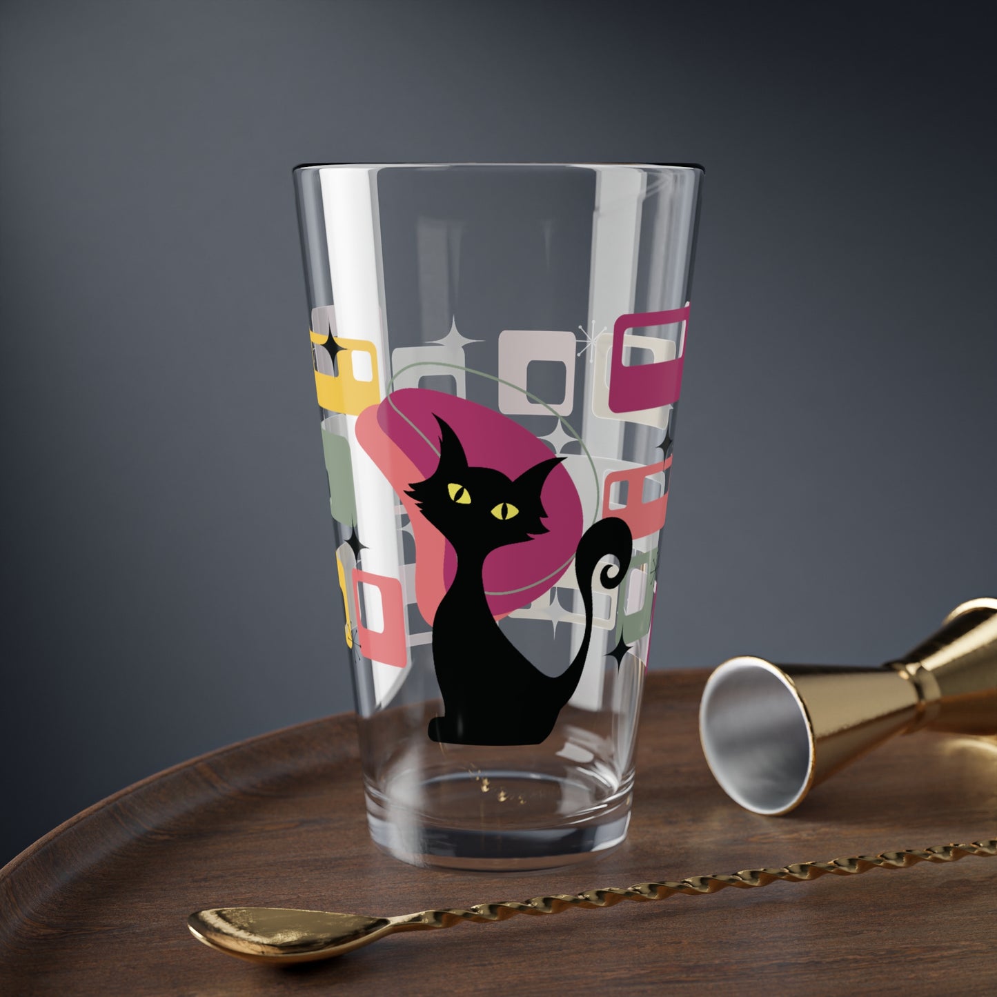 Retro 50s Atomic Black Cat Mid Century Modern Pink, Green & Yellow Pint Glass