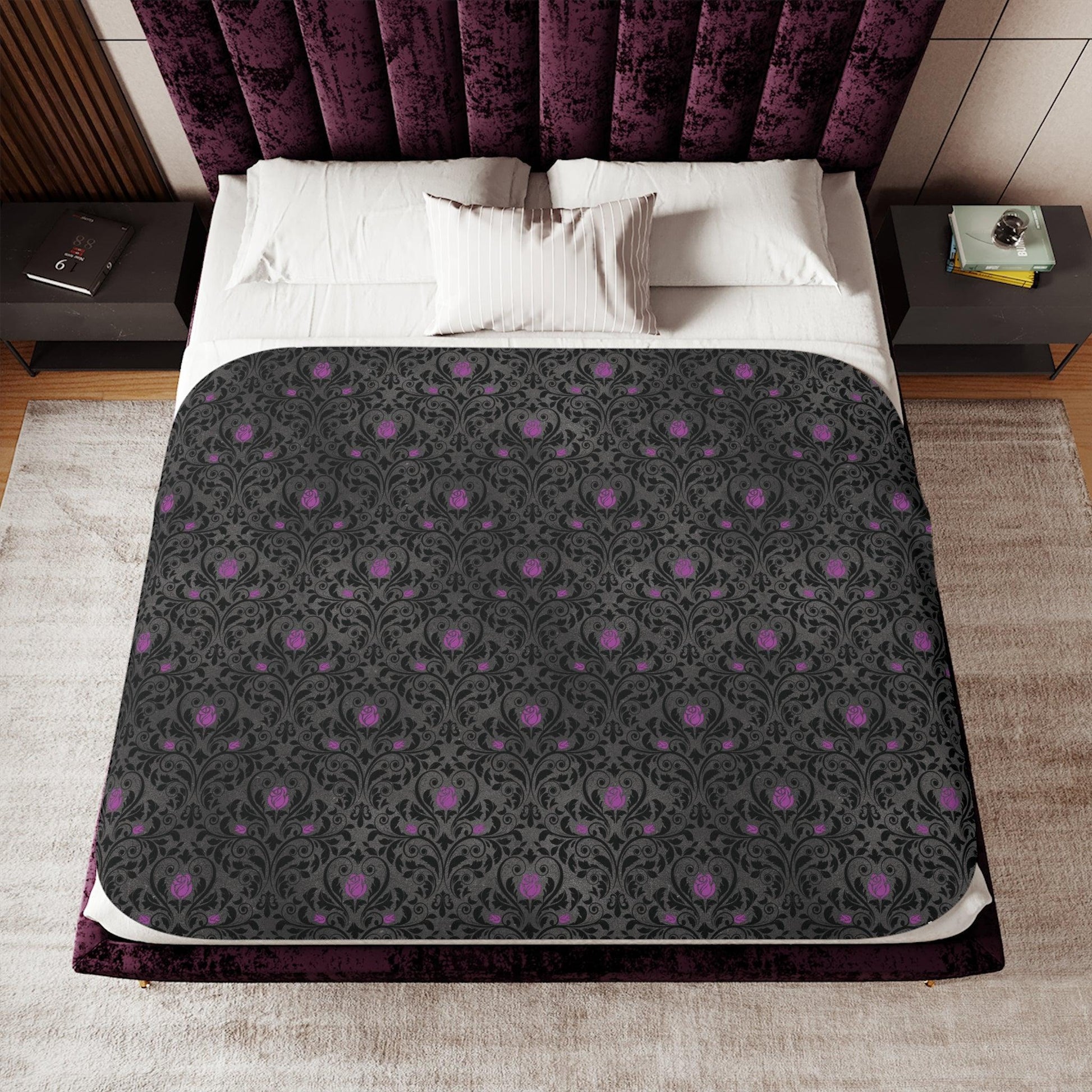 Victorian Goth Damask Purple and Black Halloween Sherpa Blanket | lovevisionkarma.com