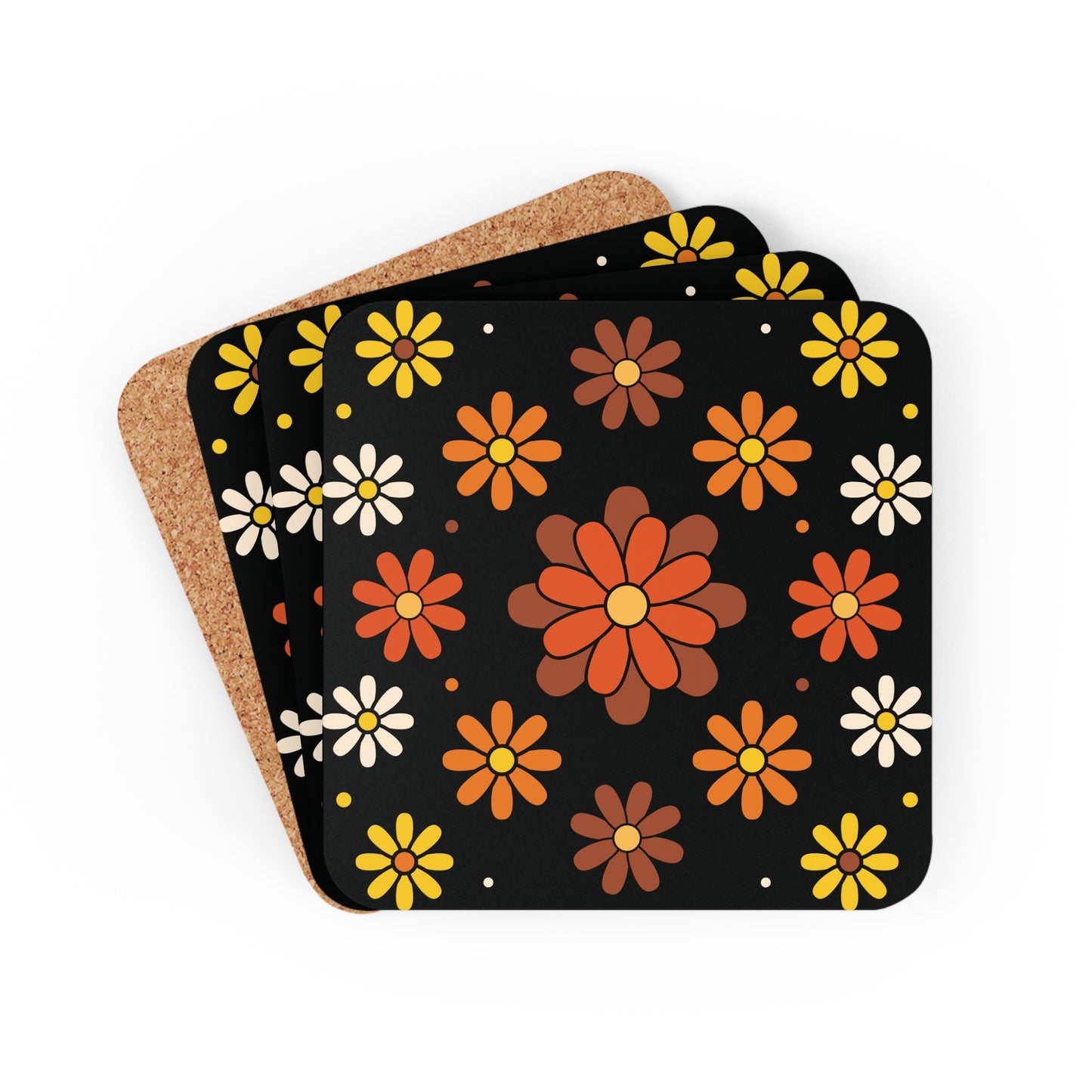 Retro 60s 70s Groovy Mod Daisy Mid Century Orange, Brown & Black Coaster Set