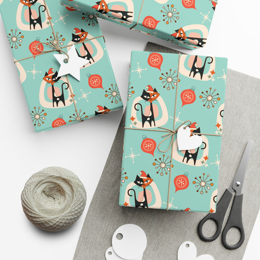 Retro 50's Atomic Cat & Starbursts Kitschy Christmas Mid Century Modern Blue Eco-Friendly Wrapping Paper