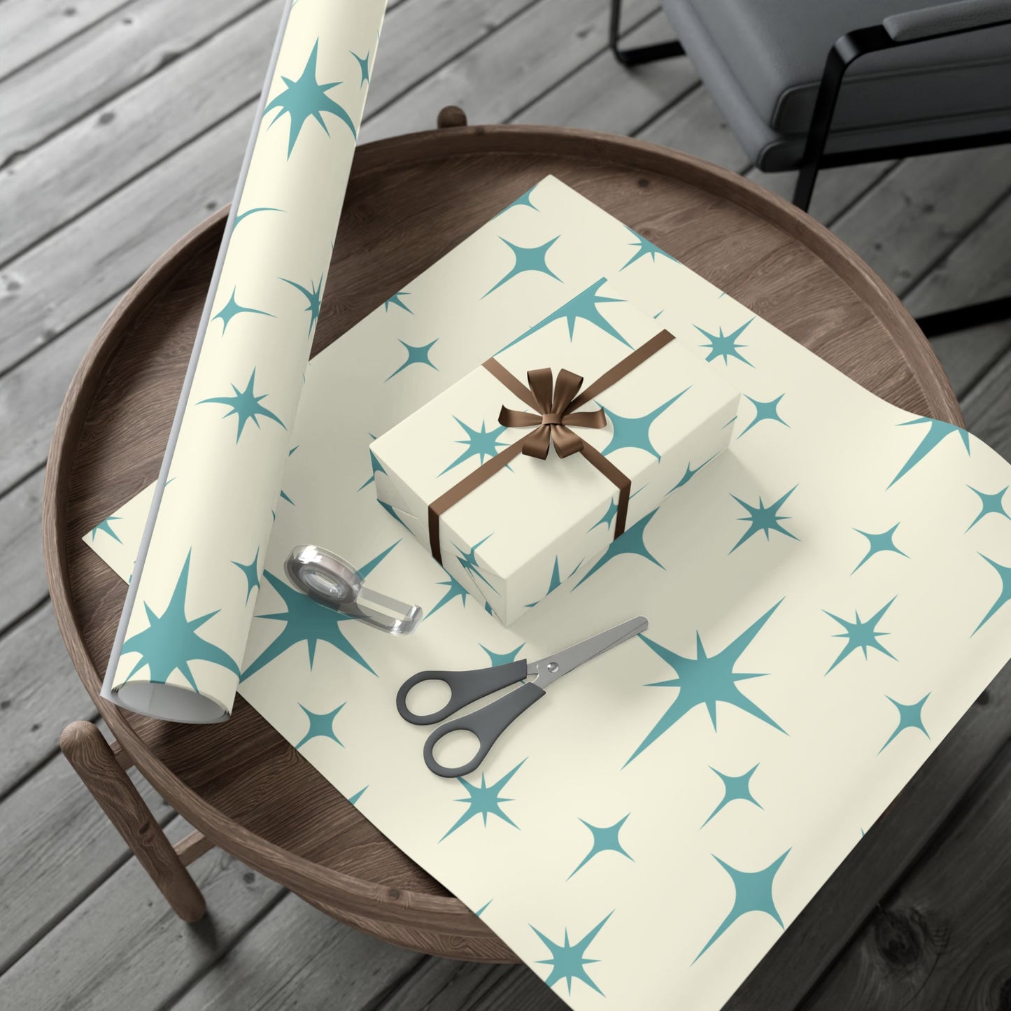 Large Starburst Version of Retro Atomic Starburst MCM Off-White & Blue Gift Wrapping Paper