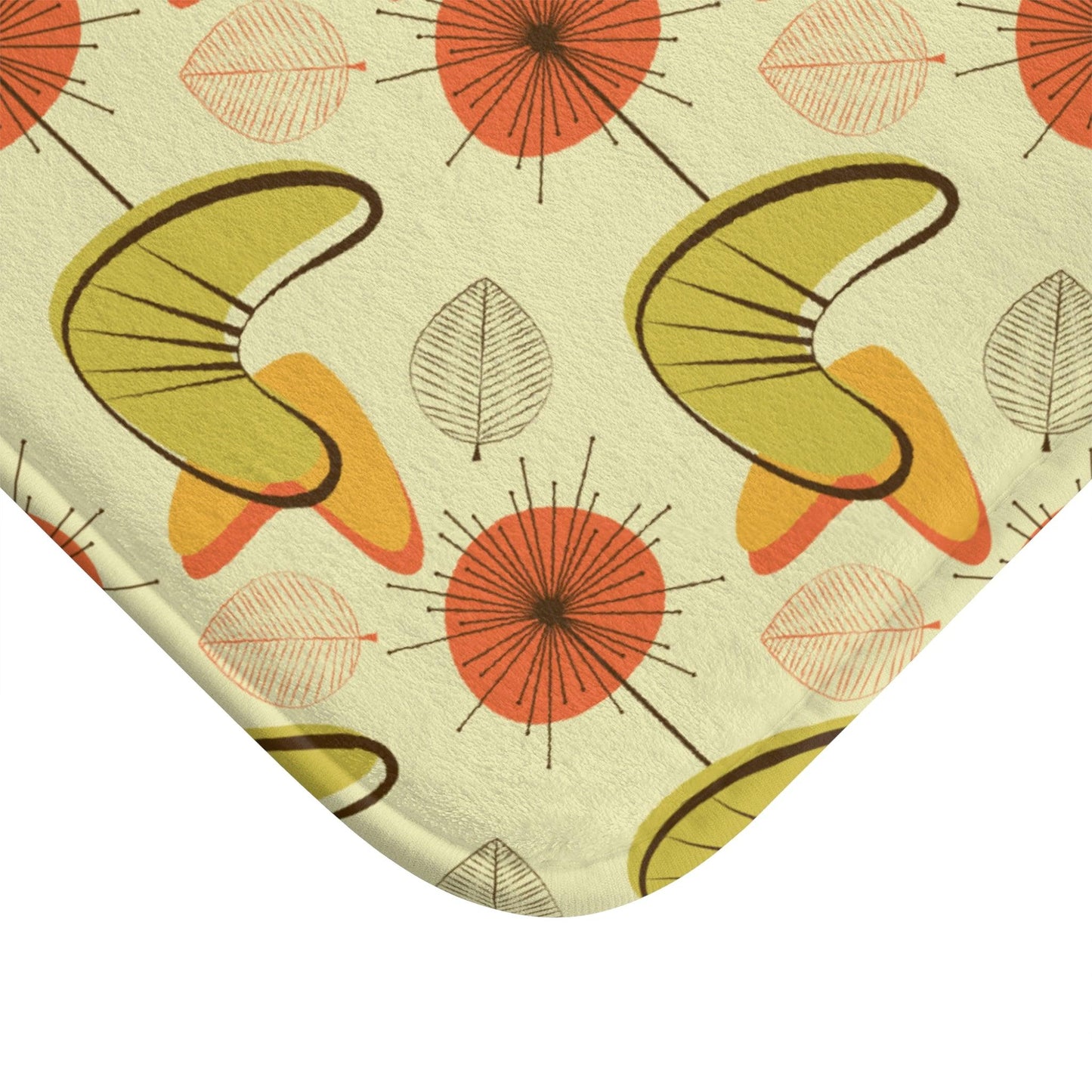 Retro Atomic Boomerangs & Leaves MCM Orange, Green & Yellow Bath Mat | lovevisionkarma.com