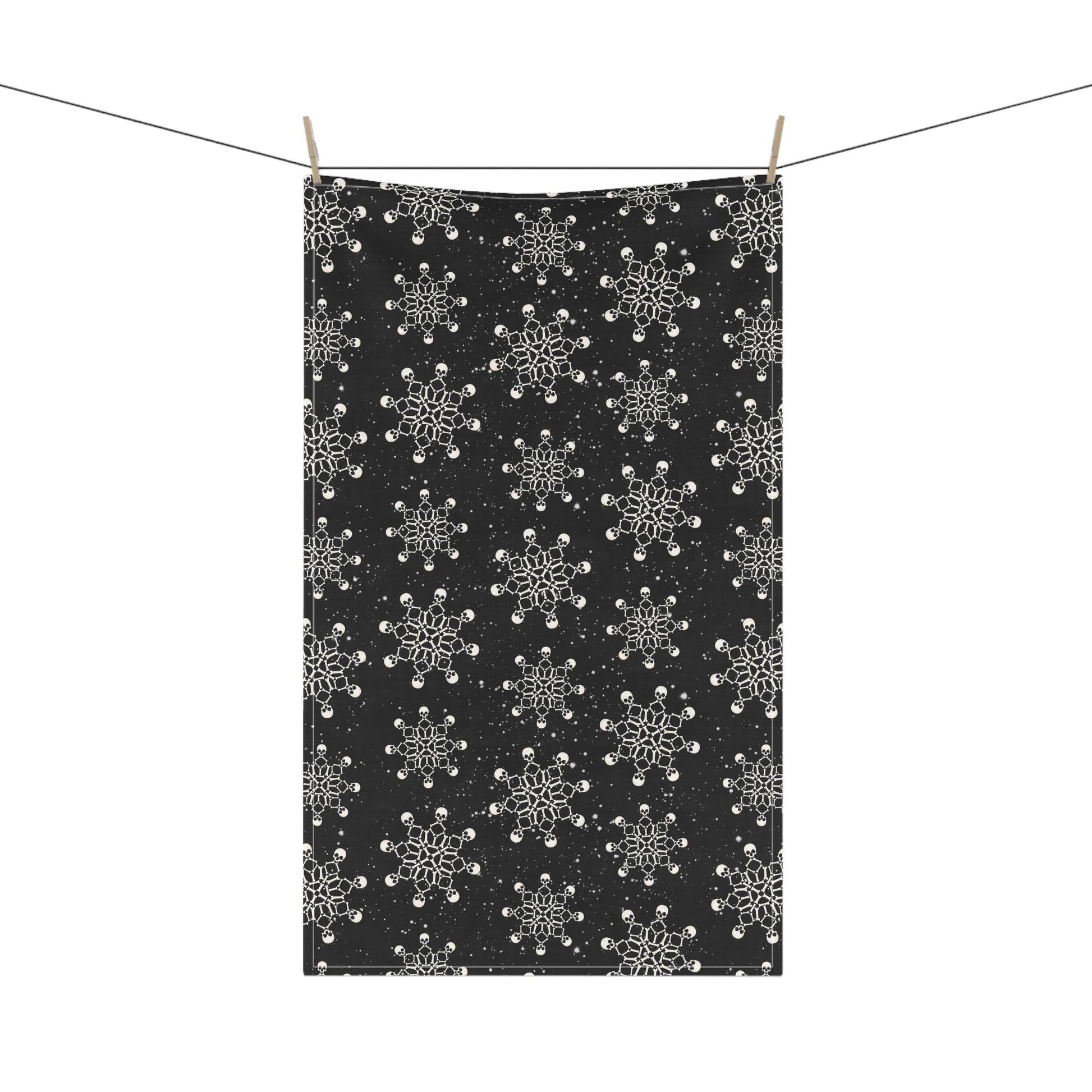 Goth Christmas Skull Snowflakes Creepmas Black Kitchen Tea Towel | lovevisionkarma.com