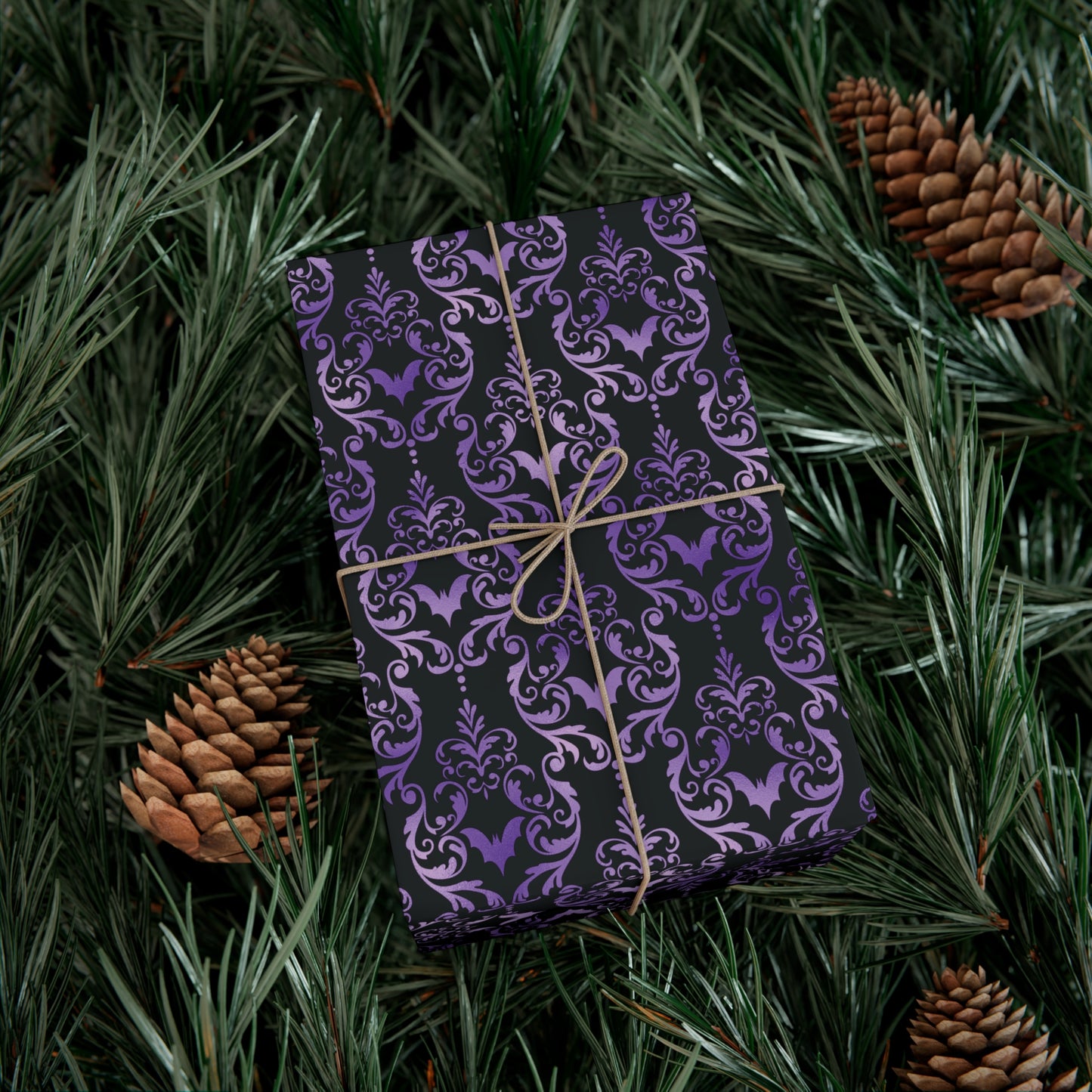 Purple Damask Bats, Victorian Goth Inspired, Dark Academia Goth Christmas & Creepmas Glam Goth Black Gift Wrap Paper