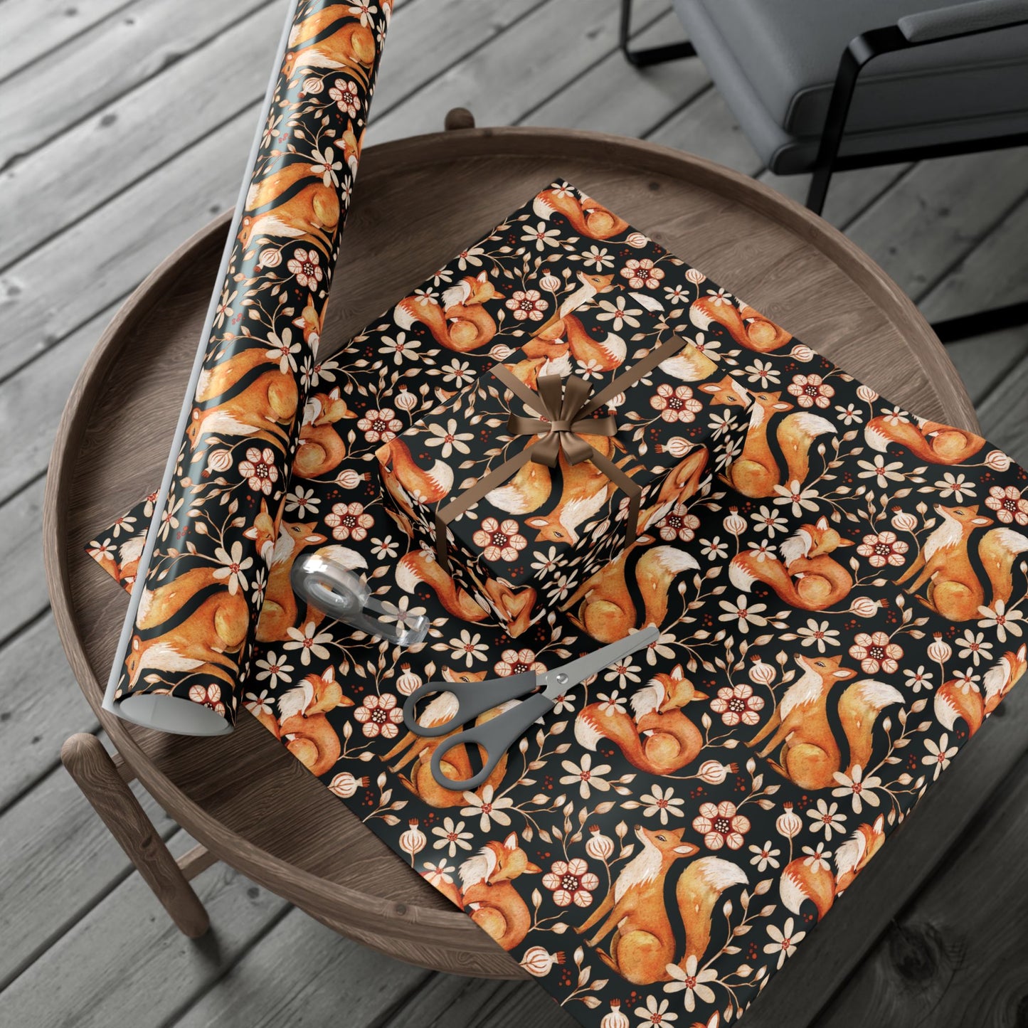 Enchanted Woodland Fox, Floral Dark Cottagecore Watercolor Style, Black Eco-Friendly Gift Wrap