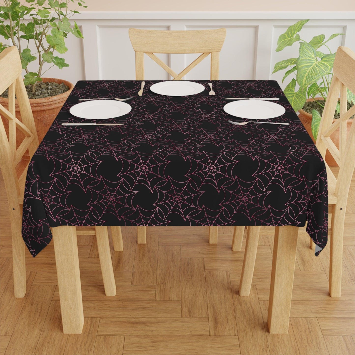 Pink Spiderwebs Creepy Halloween Glam Goth Black Tablecloth | lovevisionkarma.com