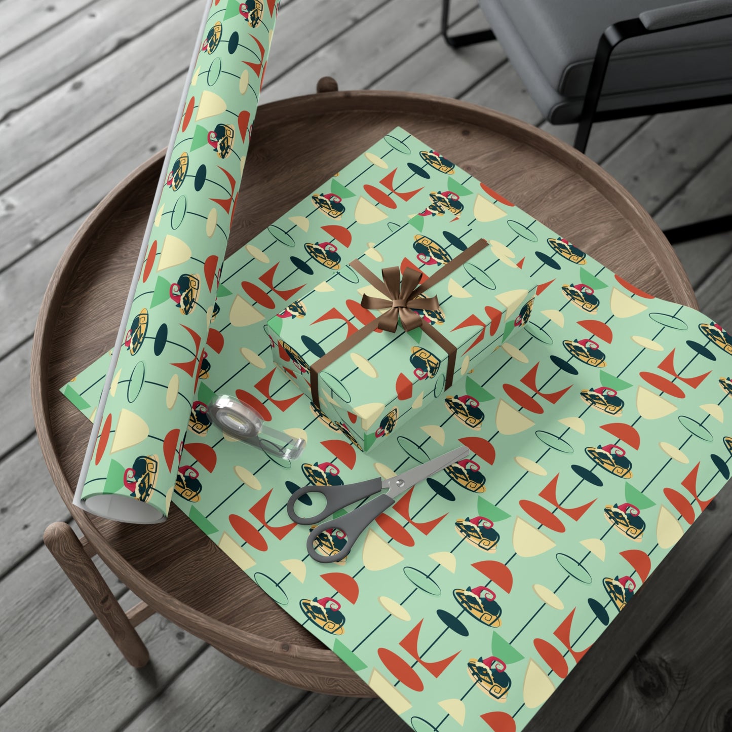 Retro 50's Atomic Cat Christmas Kitschy Mid Century Modern Green Eco-Friendly Wrapping Paper