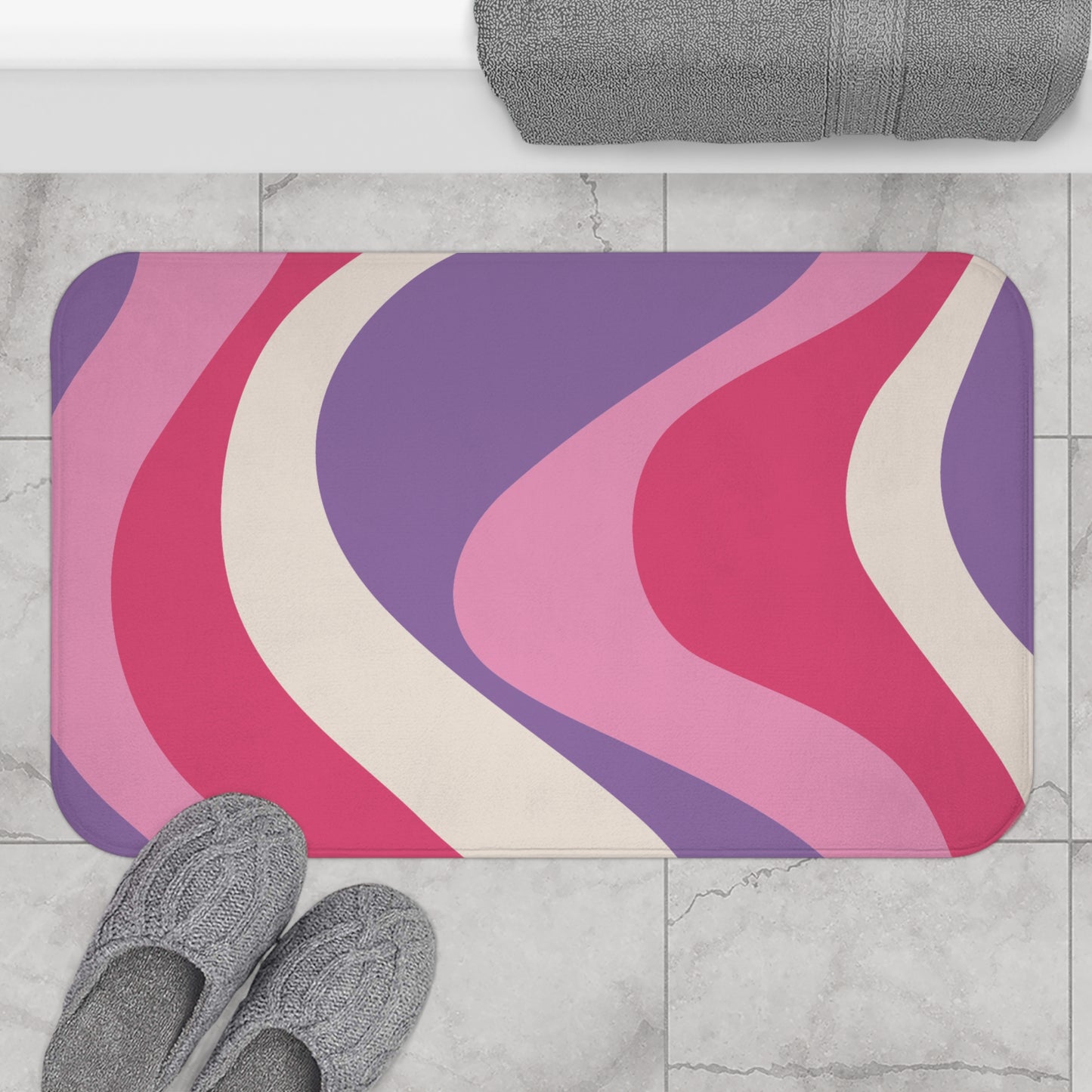 Retro 60s Groovy Hippie Swirl MCM Pink & Purple Bath Mat