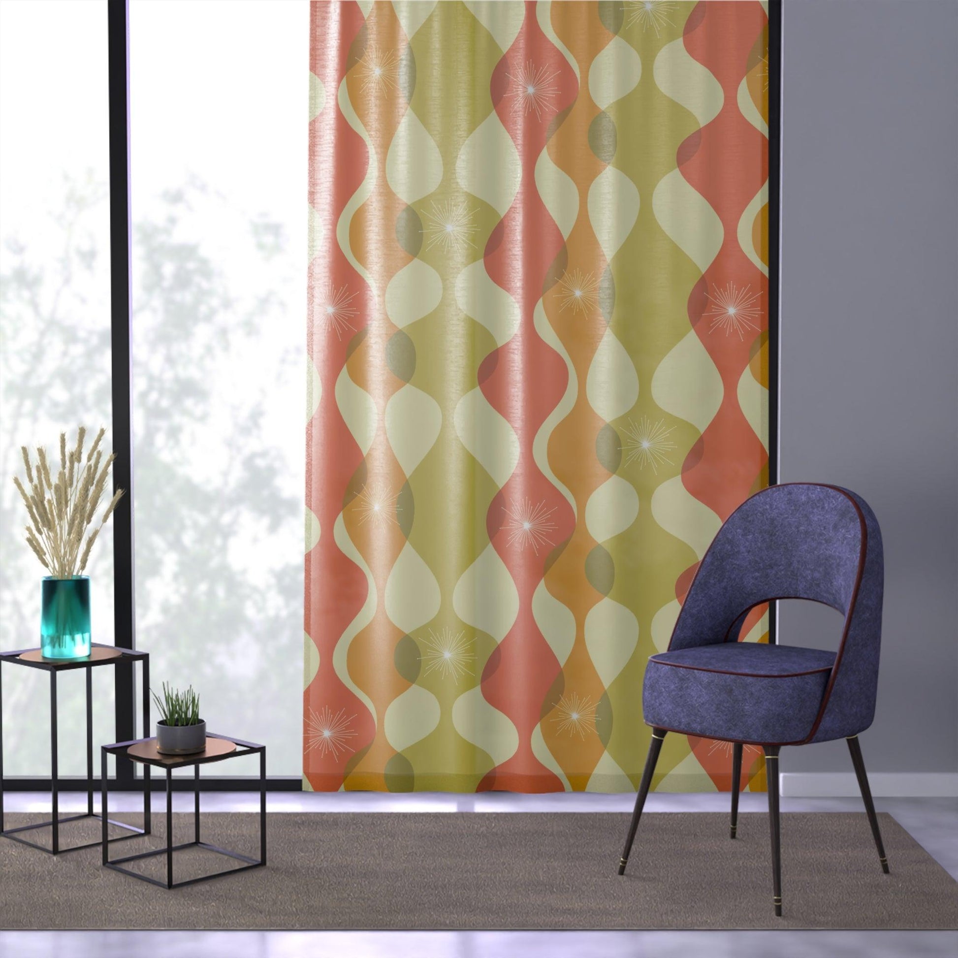 Mid Century Mod Wavy Abstract Orange, Green & Yellow Sheer Window Curtain | lovevisionkarma.com