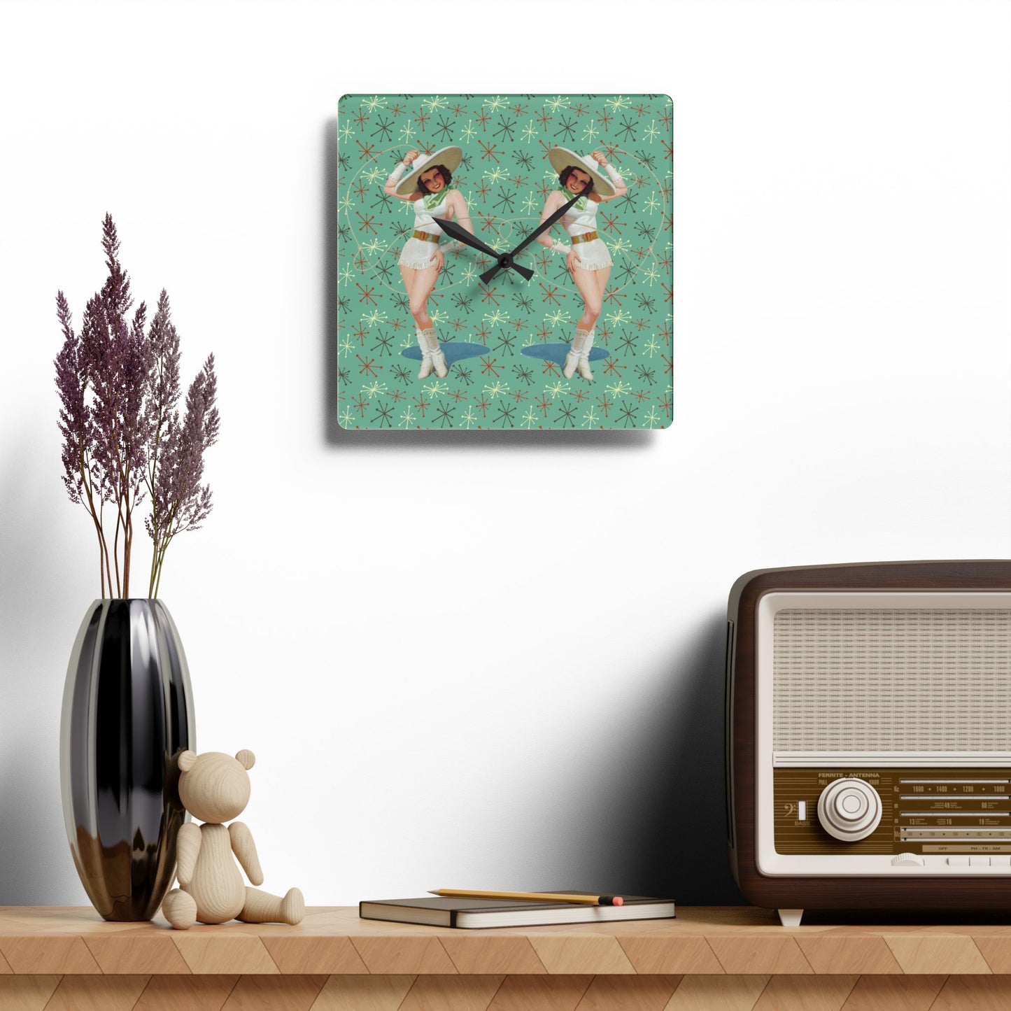 Retro Pin Up Girls Double Trouble Cowgirls Mid Century Mod Acrylic Wall Clock