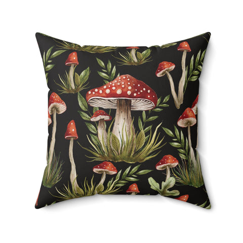 Amanita Muscaria Mushroom, Dark Cottagecore Watercolor Black, Red & Green Throw Pillow | lovevisionkarma.com