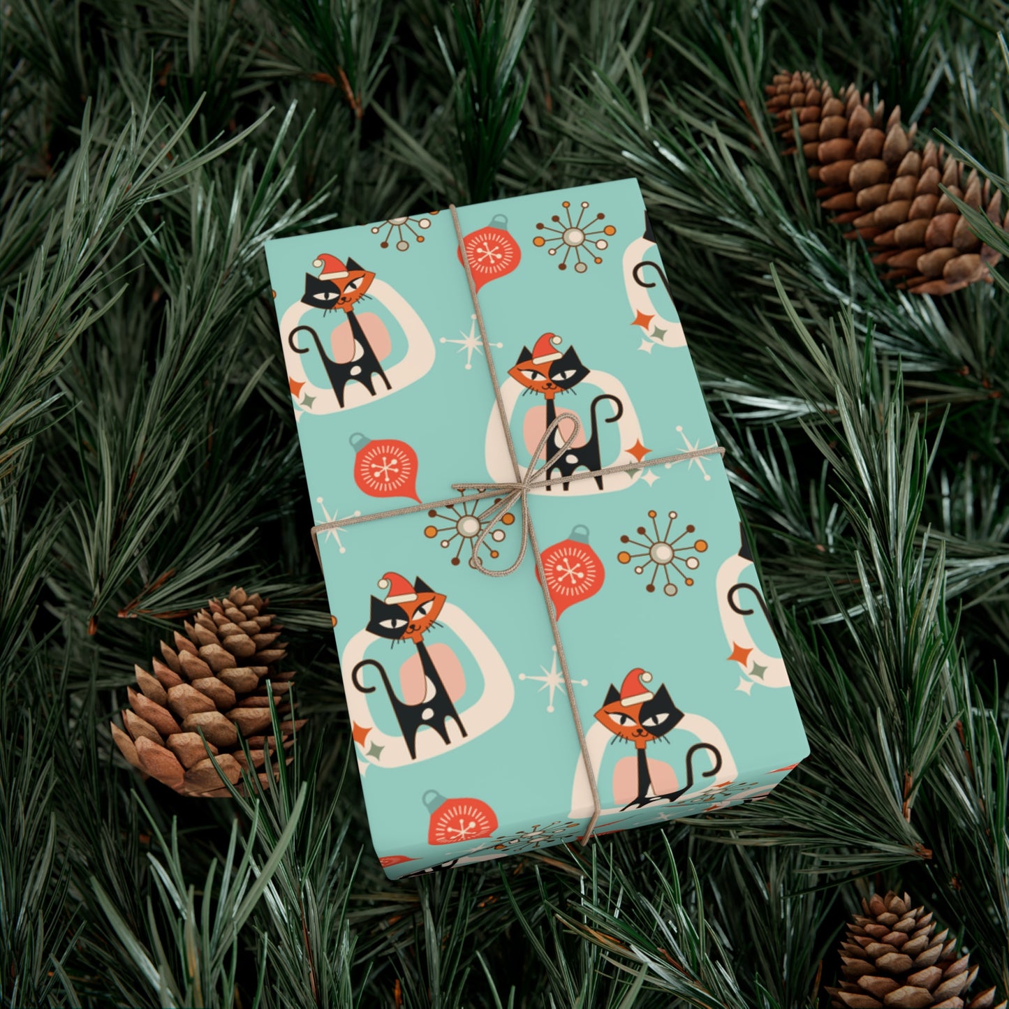 Retro 50's Atomic Cat & Starbursts Kitschy Christmas Mid Century Modern Blue Eco-Friendly Wrapping Paper