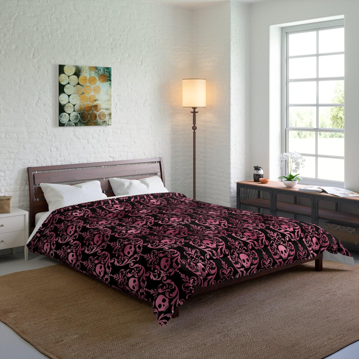 Goth Pink Skull Damask Halloween Glam Goth Black Comforter | lovevisionkarma.com