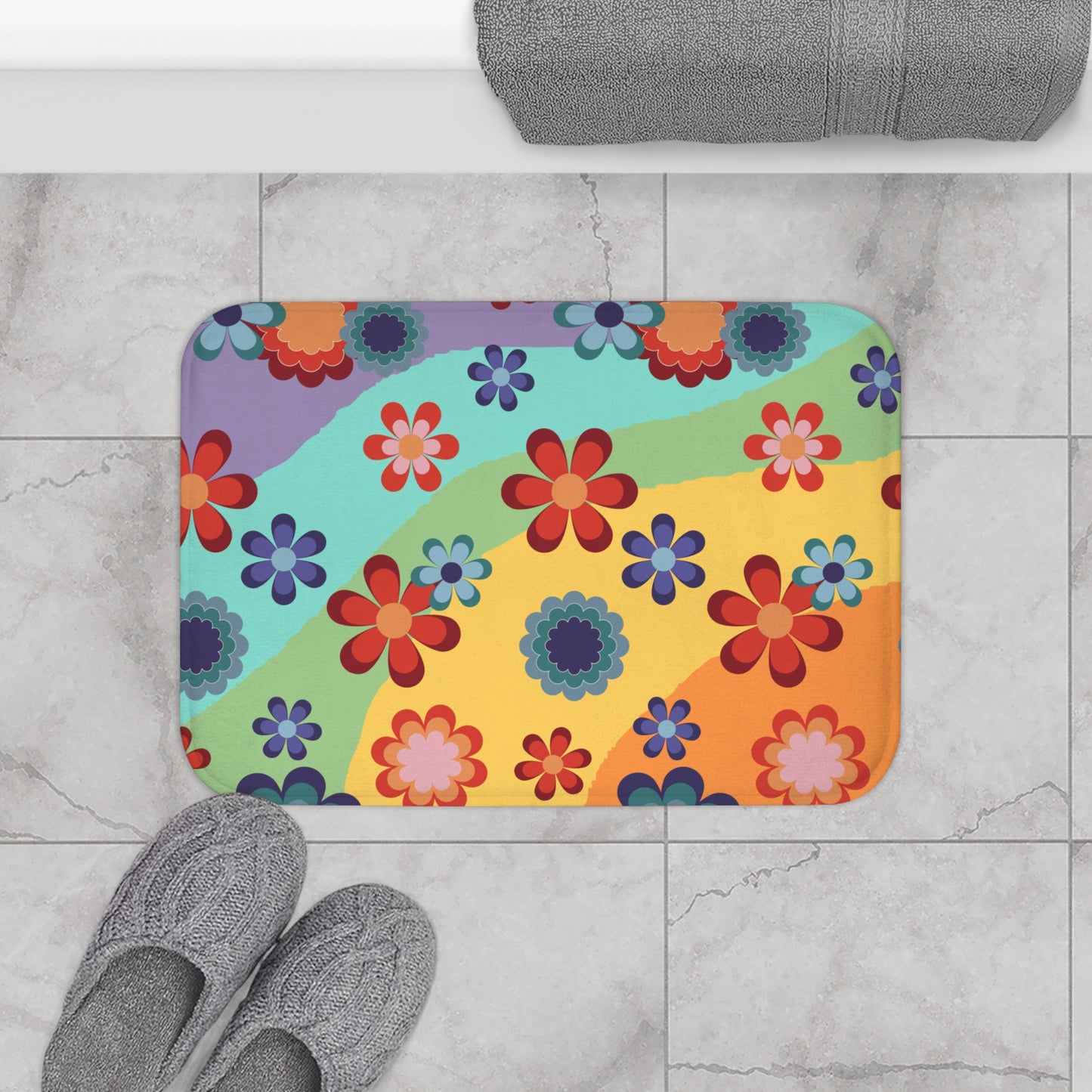 Groovy Hippie Flowers Colorful Boho MCM Bath Mat