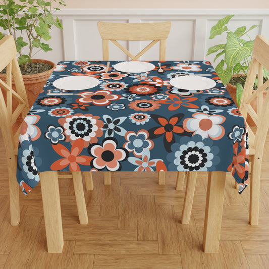 Retro 60s 70s Groovy Flowers Mid Century Mod Coral & Blue Tablecloth