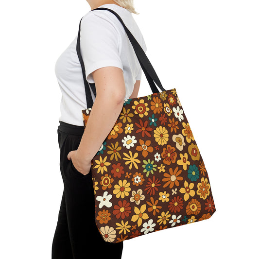 Retro 60s 70s Groovy Floral Mid Century Modern Brown Tote Bag
