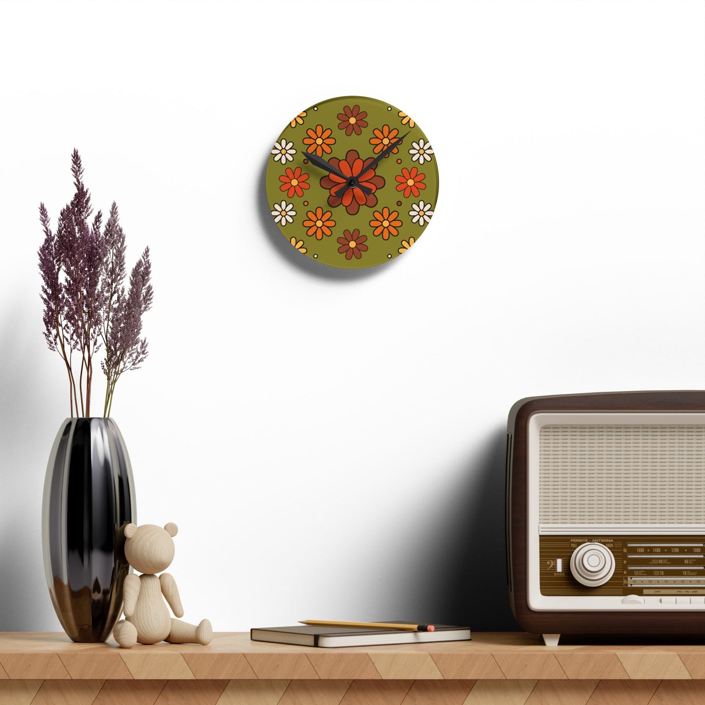 Retro 60s 70s Groovy Mod Daisy Floral Mid Century Green & Orange Acrylic Wall Clock