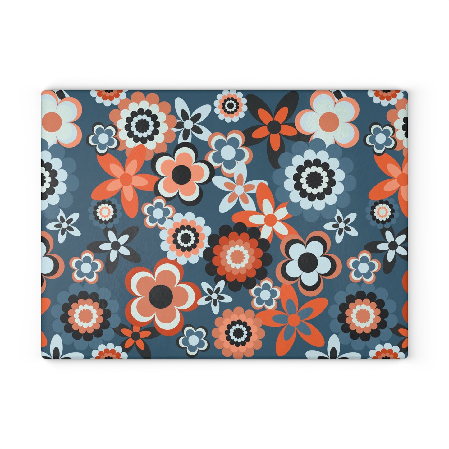 Retro 60s 70s Groovy Flowers Boho MCM Coral & Blue Glass Cutting Board