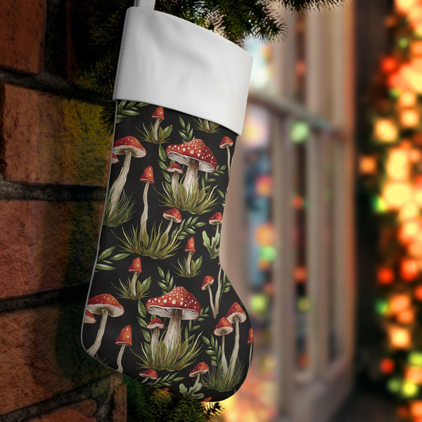 Amanita Mushroom Enchanted Forest Christmas, Watercolor Style Witchy Cottagecore Black Stocking | lovevisionkarma.com