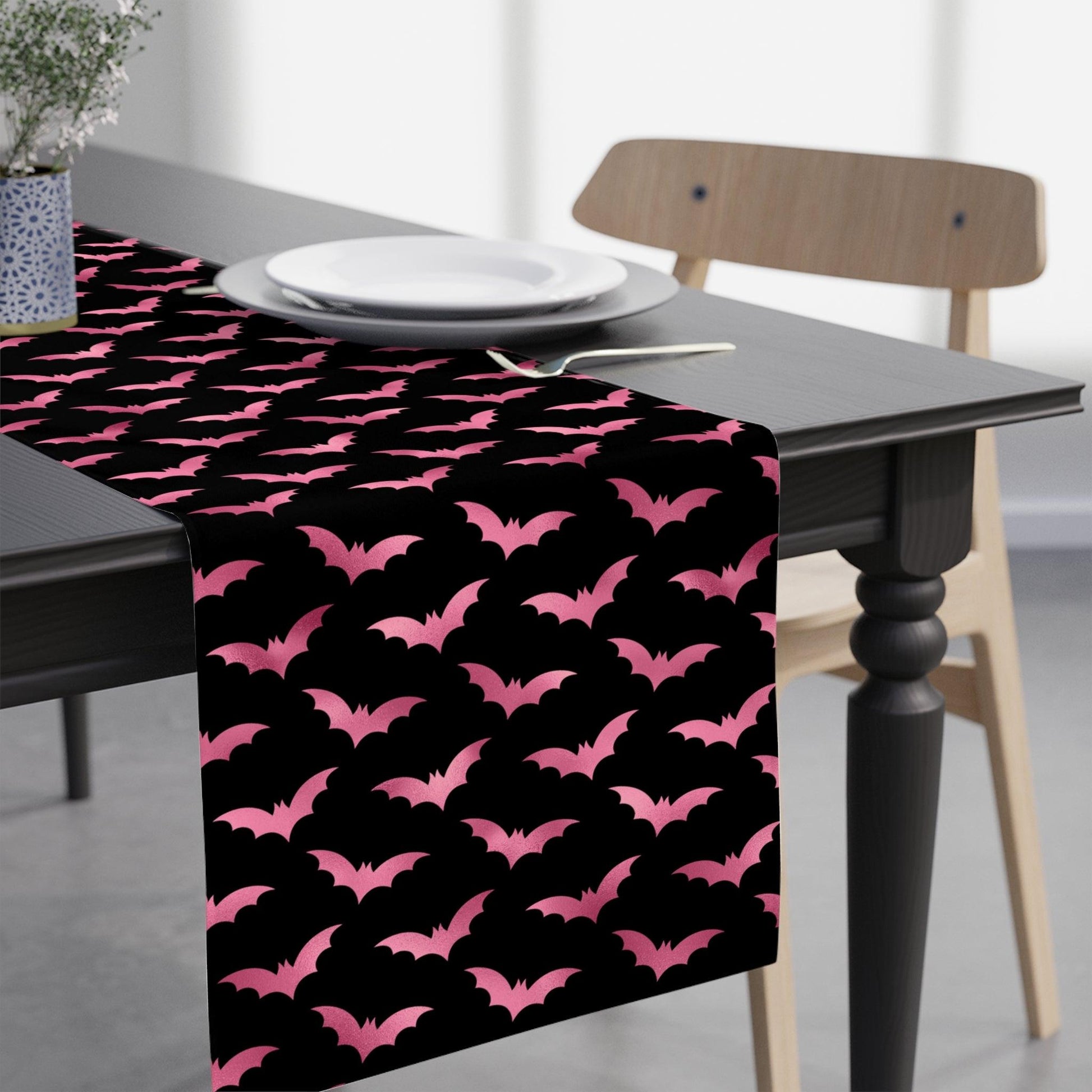 Pink Bats Spooky Halloween Glam Goth Black Table Runner | lovevisionkarma.com