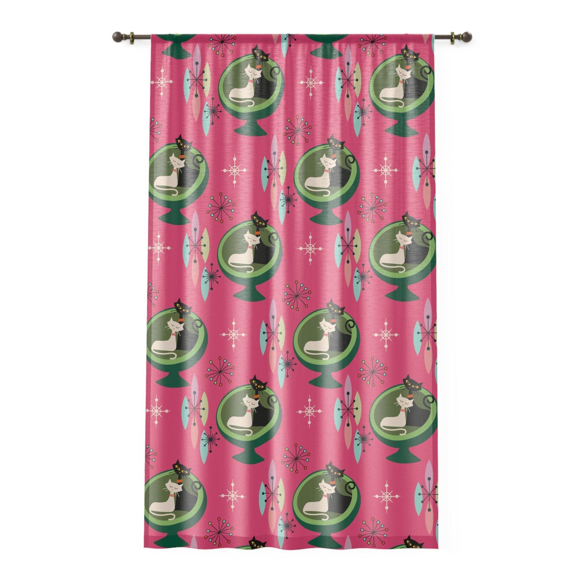 Retro 50s Atomic Cat Couple in Ball Chair Pink & Green MCM Sheer Window Curtain | lovevisionkarma.com