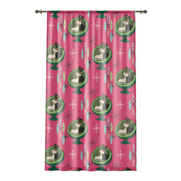 Retro 50s Atomic Cat Couple in Ball Chair Pink & Green MCM Sheer Window Curtain