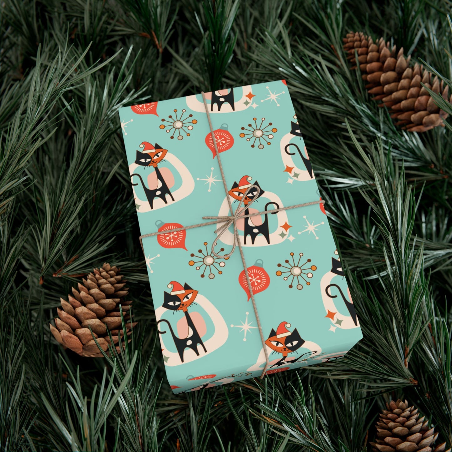 Retro 50's Atomic Cat & Starbursts Kitschy Christmas Mid Century Modern Blue Eco-Friendly Wrapping Paper
