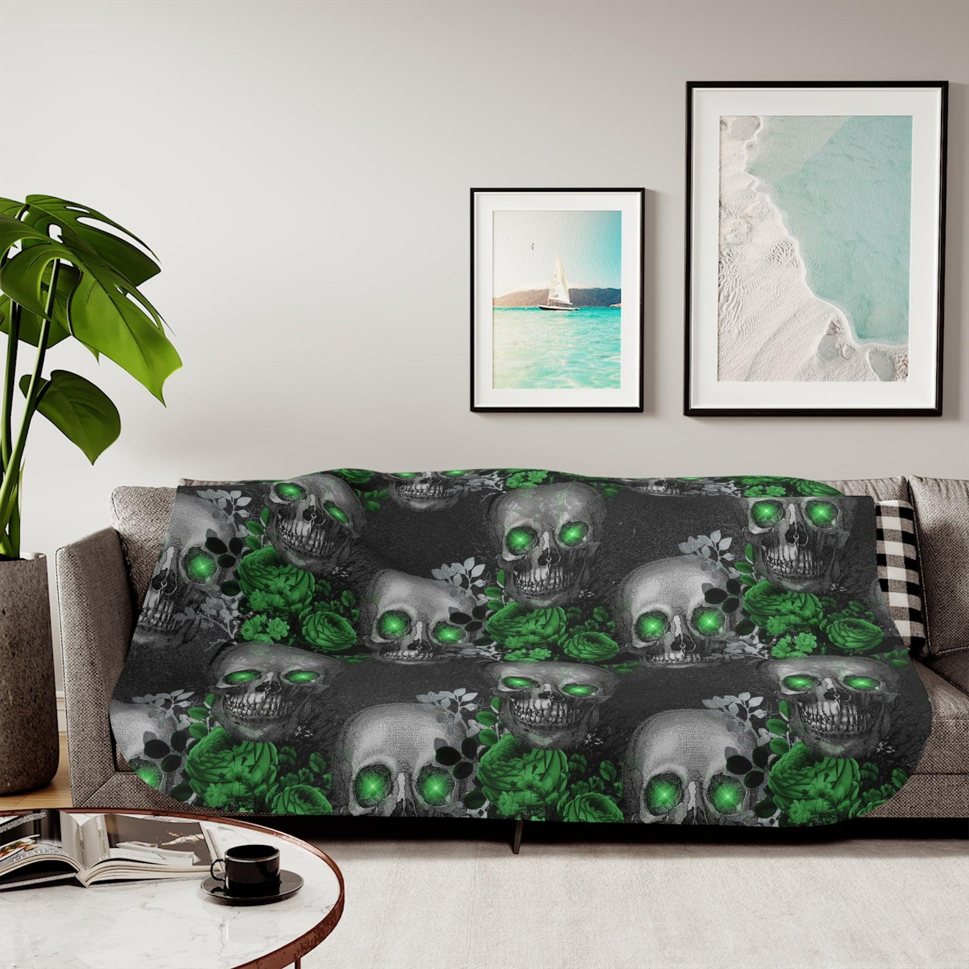 Gothic Floral Skulls with Green Eyes Glam Goth Sherpa Blanket | lovevisionkarma.com