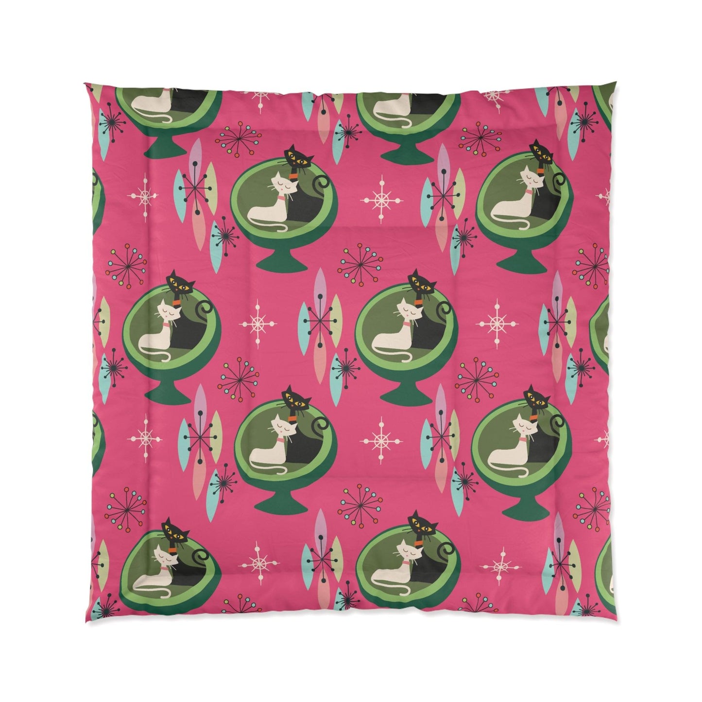 Retro 50s Atomic Cat Couple in Ball Chair Mid Century Mod Pink & Green Comforter | lovevisionkarma.com