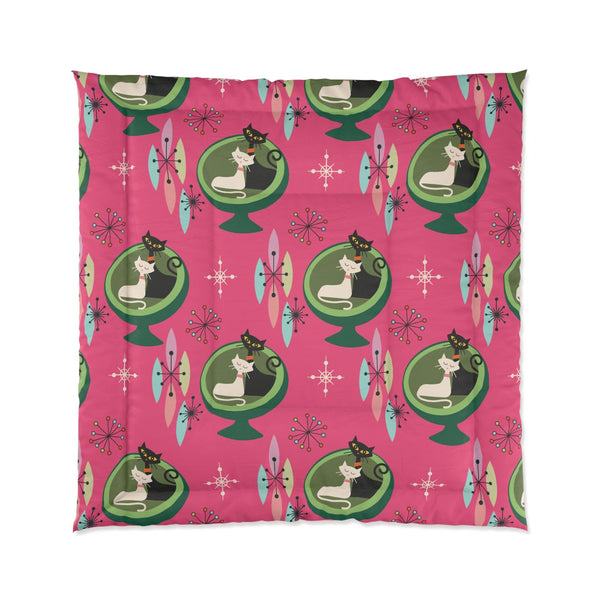Retro 50s Atomic Cat Couple in Ball Chair Mid Century Mod Pink & Green Comforter