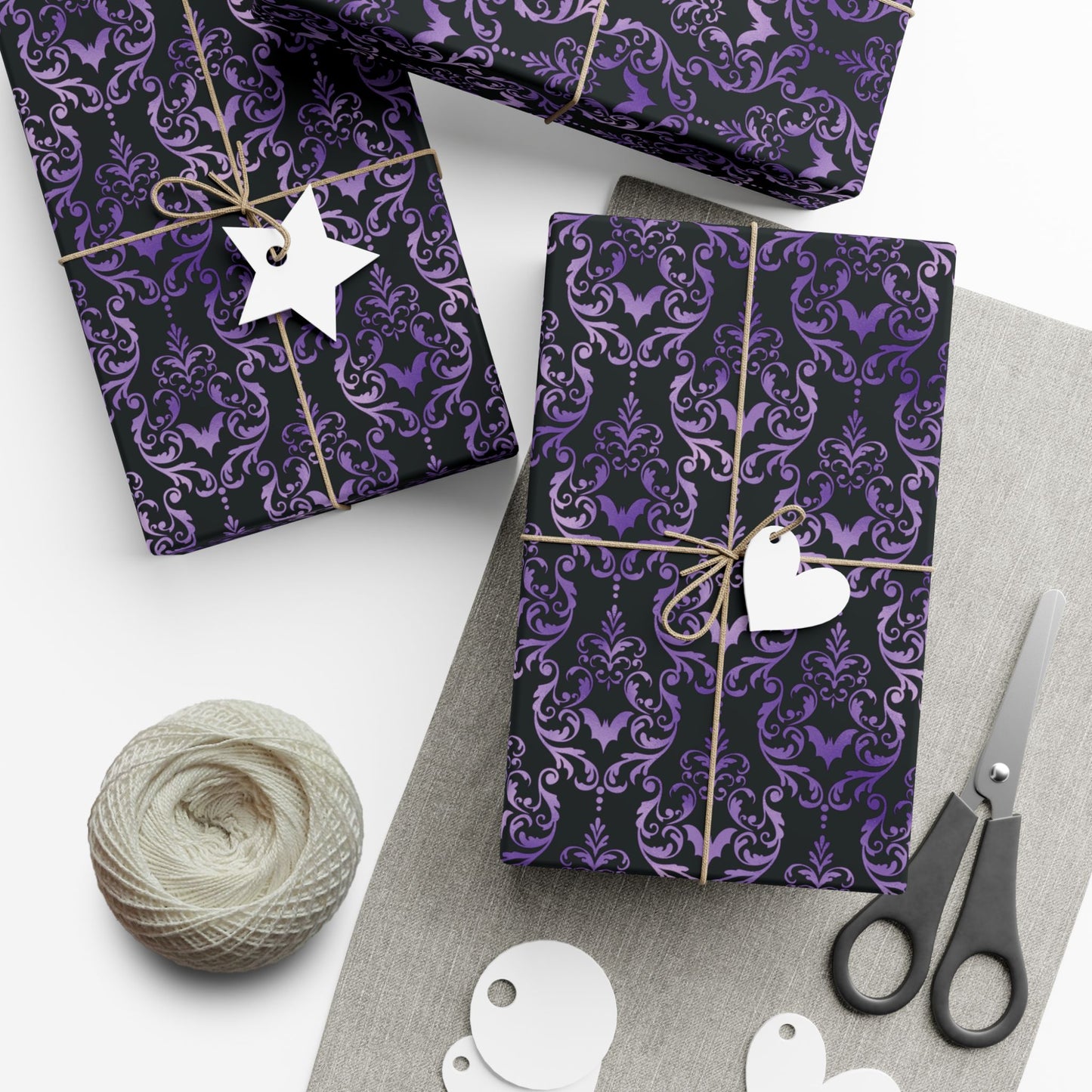 Purple Damask Bats, Victorian Goth Inspired, Dark Academia Goth Christmas & Creepmas Glam Goth Black Gift Wrap Paper