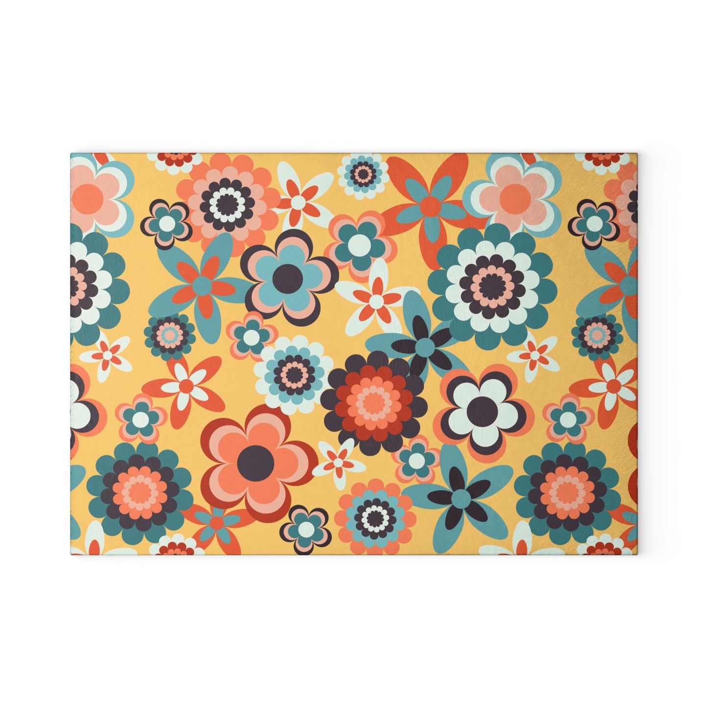 Retro 60s 70s Groovy Flowers Boho MCM Yellow, Coral & Blue Glass Cutting Board