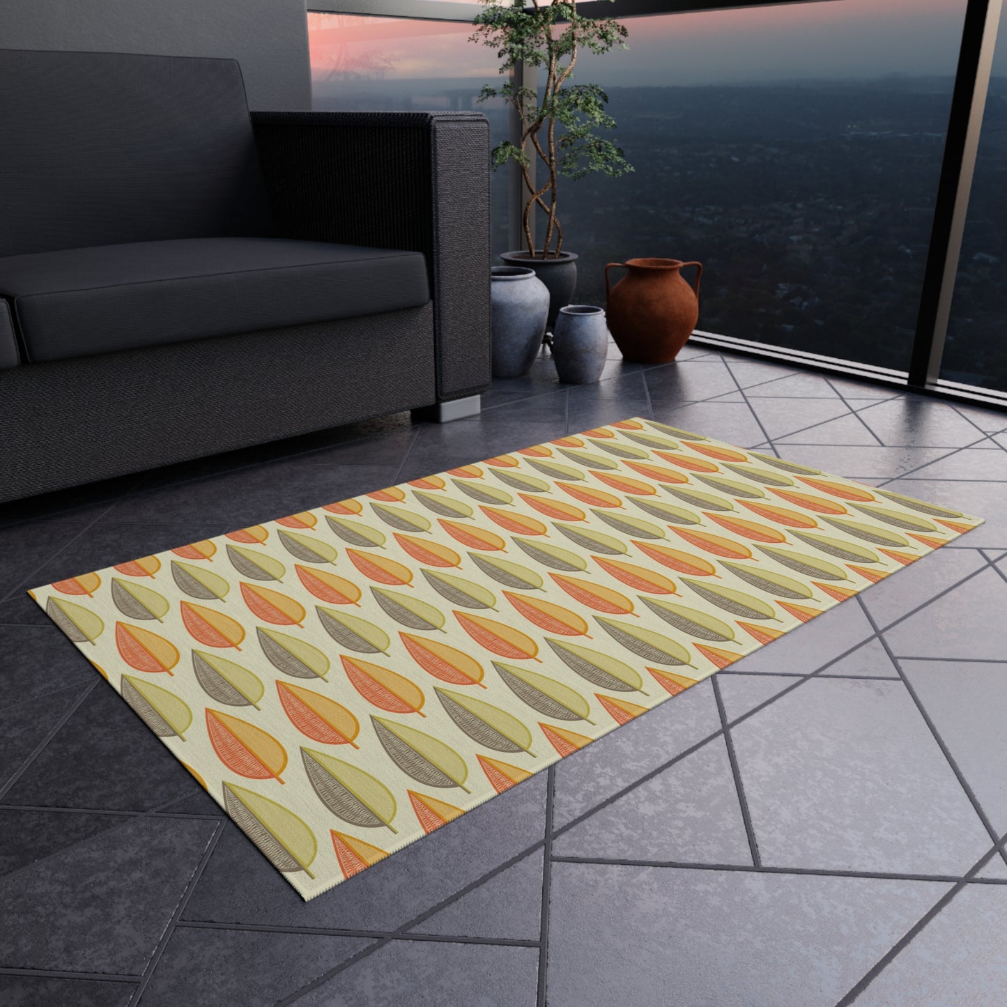 Retro 60s Mid Century Modern Leaves Orange, Green & Cream Indoor/Outdoor Accent Rug