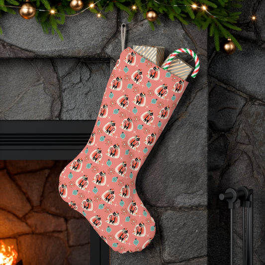 Retro 50s Atomic Cats Mid Century Mod Coral Pink Christmas Stocking