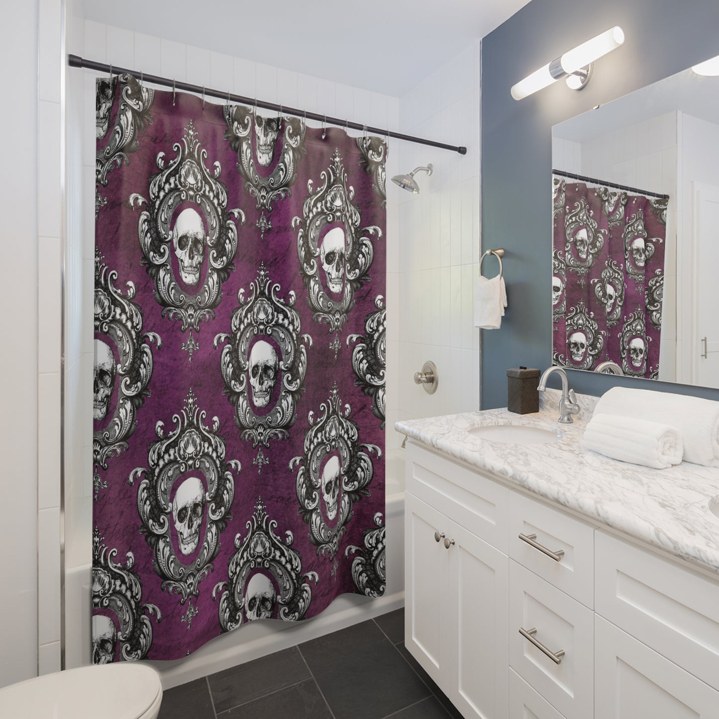 Gothic Skull Dark Academia Ornate Frame, Purple Glam Goth Shower Curtain