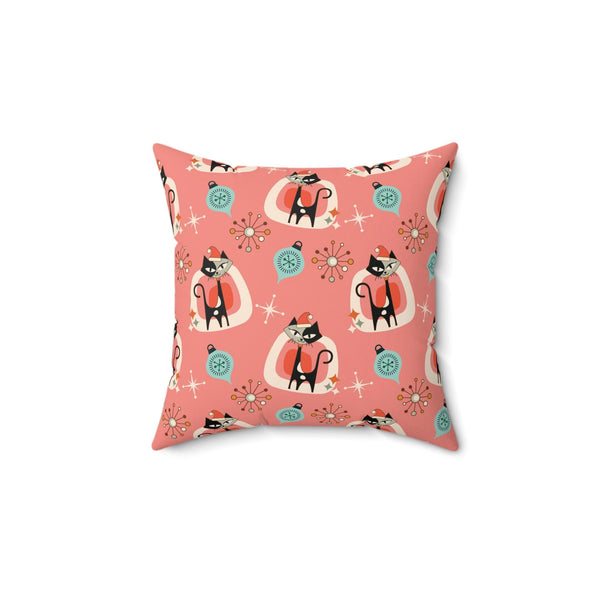Retro 1950s Christmas Atomic Cats Mid Century Mod Pink Coral Throw Pillow | lovevisionkarma.com