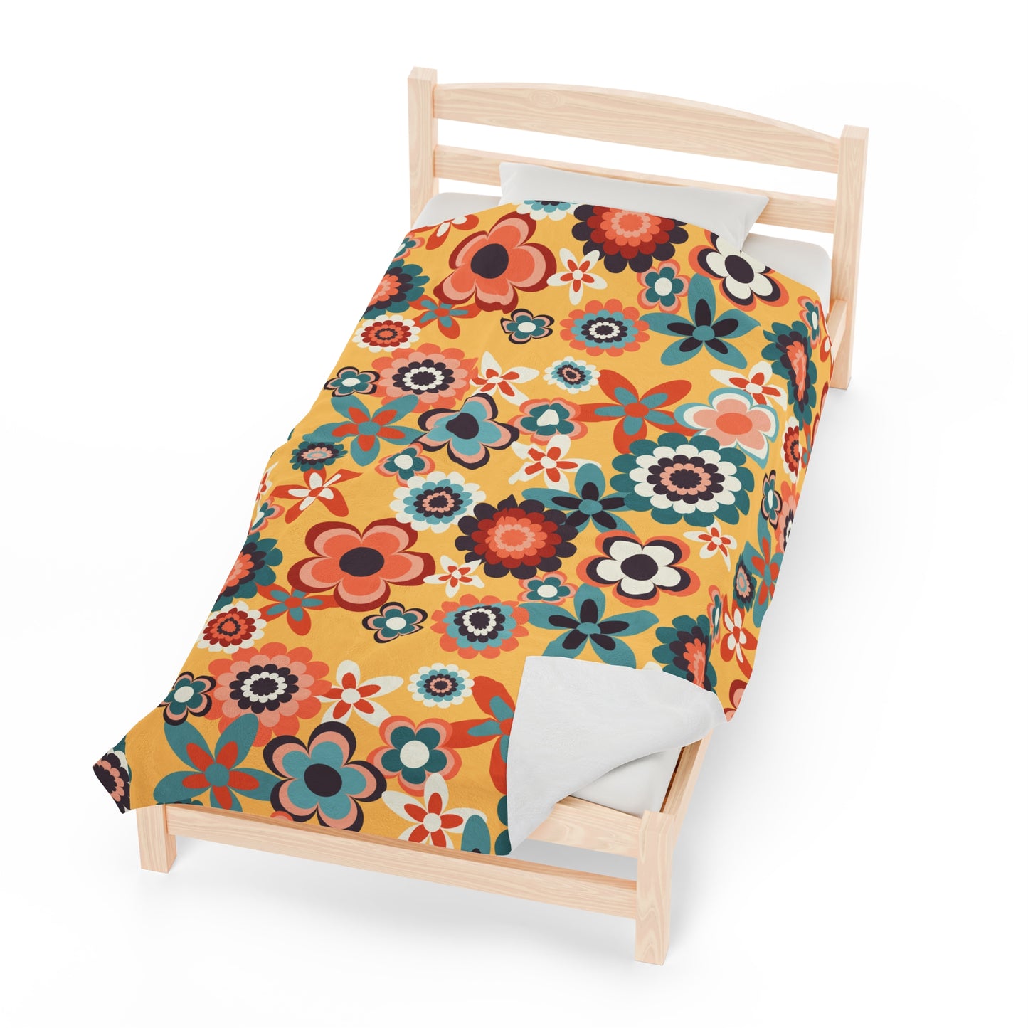 Retro 60s 70s Groovy Flowers Boho MCM Yellow, Coral & Blue Velveteen Lightweight Blanket