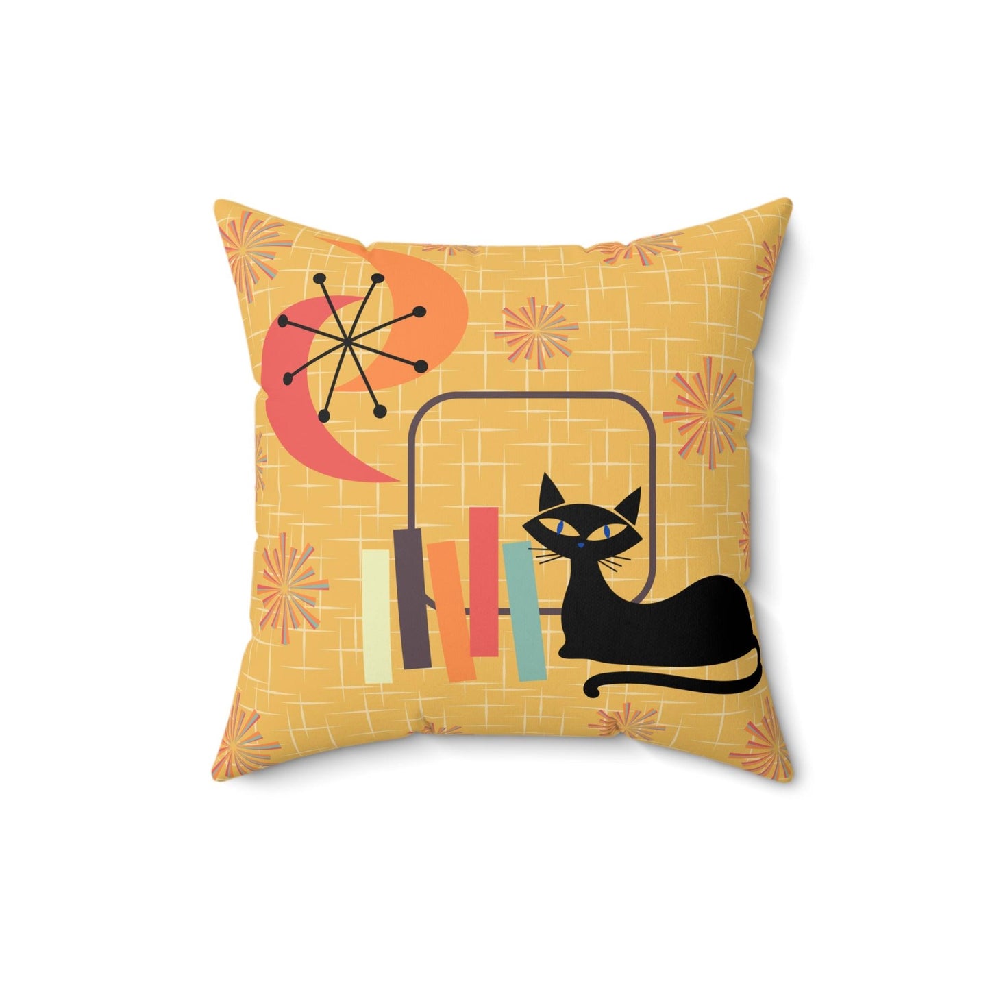 Atomic Cat Mid Century Mod Starburst Retro Yellow Multicolor Throw Pillow | lovevisionkarma.com