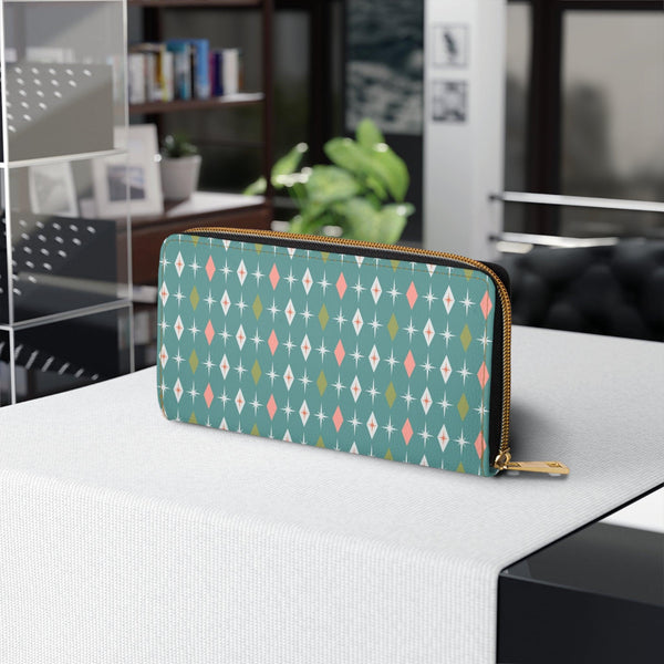 Retro Burst and Diamonds Mid Century Mod Teal and Pink Zipper Wallet