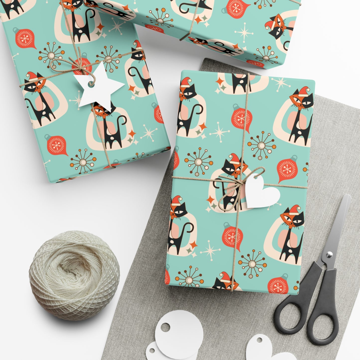 Retro 50's Atomic Cat & Starbursts Kitschy Christmas Mid Century Modern Blue Eco-Friendly Wrapping Paper